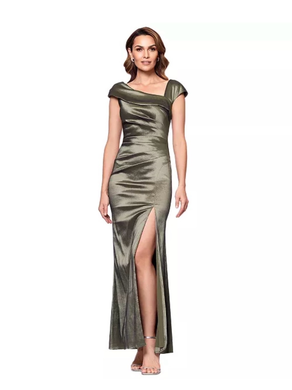 XSCAPE Asymmetric Pleated Cap Sleeve Gown Olive Size 8 NWOT